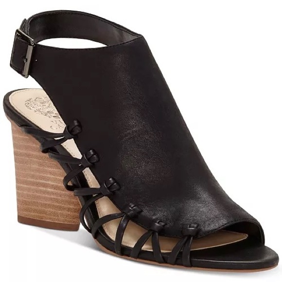 Vince Camuto Ankara Leather Sling Back Peep Toe Black Block Heel  Sandals - Picture 3 of 10